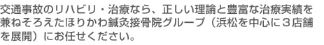 交通事故のリハビリ・治療なら、正しい理論と豊富な医療実績を兼ねそろえたすぎ鍼灸整骨院グループ（浜松を中心に3店舗展開）にお任せください。